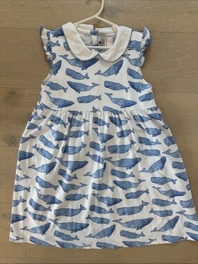 Girls' White & Blue Whale Print Casual Dress with Peter Pan Collar